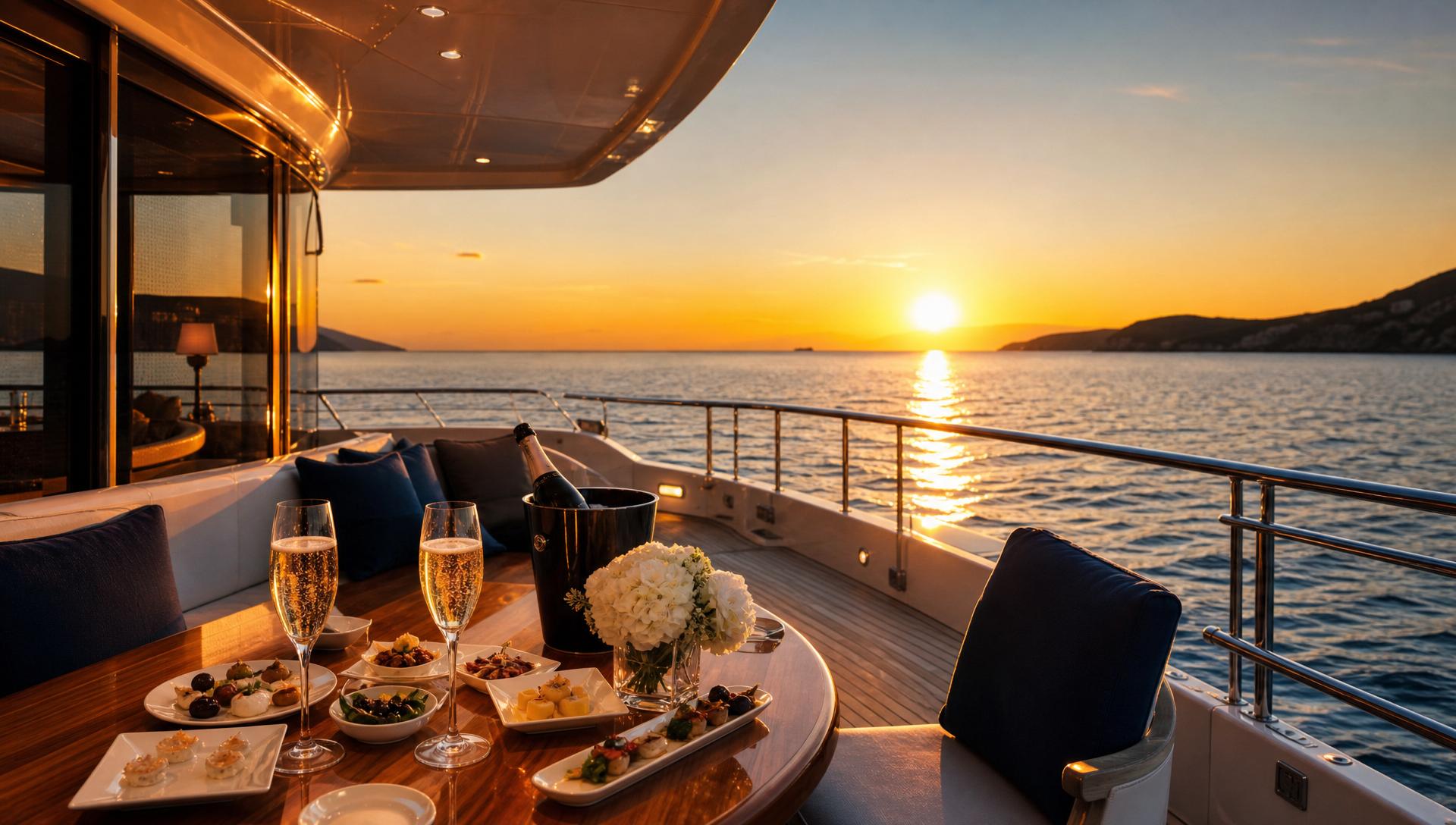 Dîner romantique au coucher du soleil sur le pont d'un yacht